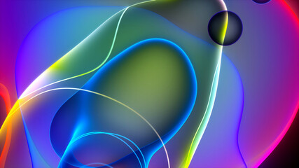 3d render of abstract art with surreal rubber band stripes in curved, wavy organic lines forming in process of circular transformation in blue, red yellow, and white colors on a white background