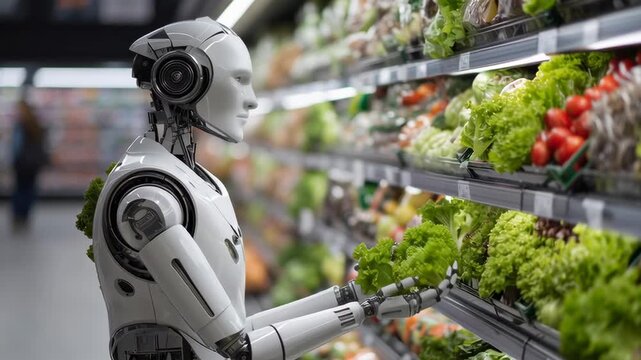 A robot is shopping for vegetables in a grocery store. The robot is holding a head of lettuce in its hand