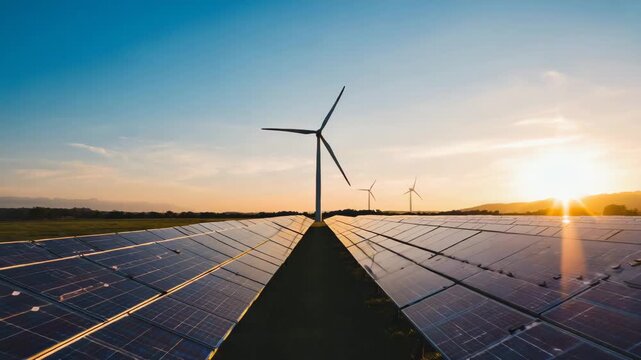  Gen-4 Turbo Eco-friendly backdrop featuring solar farms and windmills under a clear blue sky, representing sustainability and green innovation