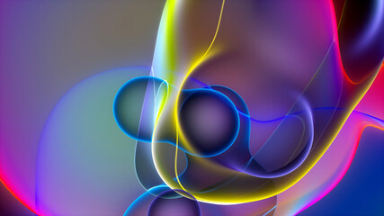 3d render of abstract art with surreal rubber band stripes in curved, wavy organic lines forming in process of circular transformation in blue, red yellow, and white colors on a white background