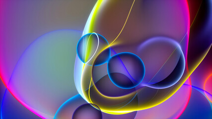 3d render of abstract art with surreal rubber band stripes in curved, wavy organic lines forming in process of circular transformation in blue, red yellow, and white colors on a white background