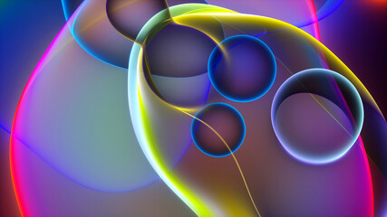 3d render of abstract art with surreal rubber band stripes in curved, wavy organic lines forming in process of circular transformation in blue, red yellow, and white colors on a white background