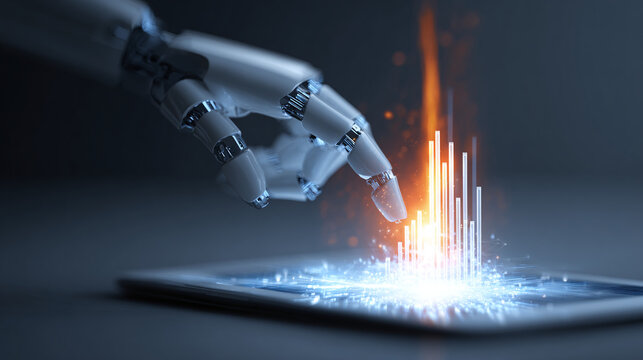 A robotic hand interacts with a digital display, creating a visual representation of data and connecting technology with human-like action.