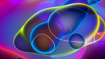 3d render of abstract art with surreal rubber band stripes in curved, wavy organic lines forming in process of circular transformation in blue, red yellow, and white colors on a white background