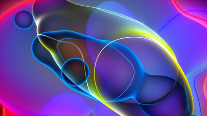 3d render of abstract art with surreal rubber band stripes in curved, wavy organic lines forming in process of circular transformation in blue, red yellow, and white colors on a white background