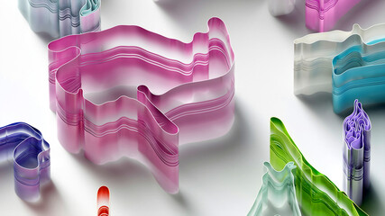 3d render of abstract art with surreal rubber band stripes in curved, wavy organic lines forming in process of circular transformation in blue, red yellow, and white colors on a white background