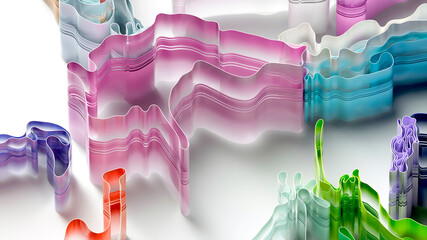 3d render of abstract art with surreal rubber band stripes in curved, wavy organic lines forming in process of circular transformation in blue, red yellow, and white colors on a white background