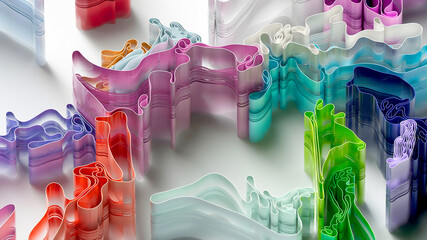 3d render of abstract art with surreal rubber band stripes in curved, wavy organic lines forming in process of circular transformation in blue, red yellow, and white colors on a white background