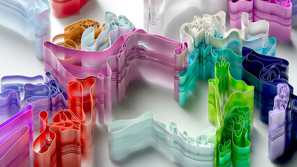 3d render of abstract art with surreal rubber band stripes in curved, wavy organic lines forming in process of circular transformation in blue, red yellow, and white colors on a white background