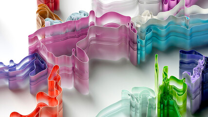 3d render of abstract art with surreal rubber band stripes in curved, wavy organic lines forming in process of circular transformation in blue, red yellow, and white colors on a white background