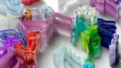 3d render of abstract art video with surreal rubber bands stripes in curved wavy organic lines forms in process of circle round transformation in blue red yellow and white colors on white background