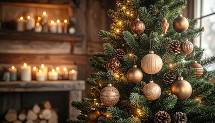 Decorated Christmas Tree with Ornaments in Cozy Interior with Burning Candles and Firewood