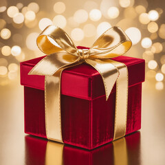 Red gift box with golden ribbon for holiday surprise and Christmas decoration