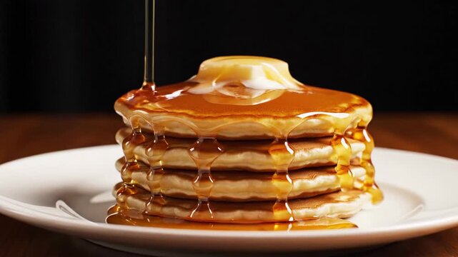 Golden brown stack of pancakes with sweet amber syrup pouring over fluffy breakfast food served on a white plate