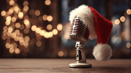 Festive microphone with a Santa hat, against a background of twinkling golden lights, bringing a unique blend of music and holiday cheer.