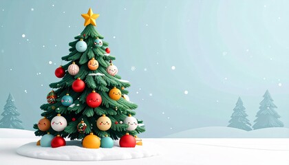 Decorated Christmas Tree with Star Ornament on Snowy Landscape with Blue Background