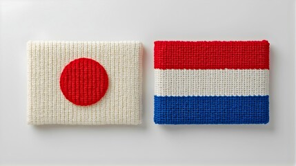 毛糸で編んだ日本とオランダの国旗