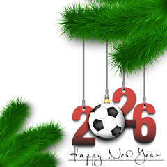 Fototapeta premium Happy New Year. Numbers 2026 and soccer ball as a Christmas decorations hanging on a Christmas tree branch. Design pattern for greeting card, banner, poster, flyer, invitation. Vector illustration