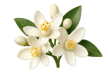 Fototapeta premium Orange blossom branch showing white citrus flowers, green leaves, and buds blooming, transparent background