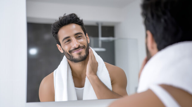 Young Man Smiling at Mirror After Fresh Shower with Towel Around Neck.