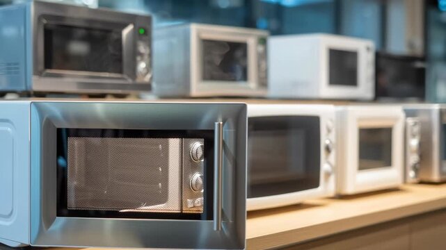 A row of microwaves are lined up on a counter. The microwaves are all different sizes and colors