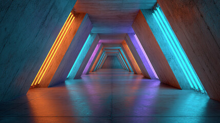 An illuminated corridor of geometric forms stretches into the distance, with vibrant colors and concrete texture creating a modern, abstract feel.