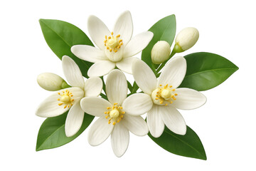 Fototapeta premium White orange blossom arrangement blooming on a branch with green leaves and buds, spring flowers, transparent background