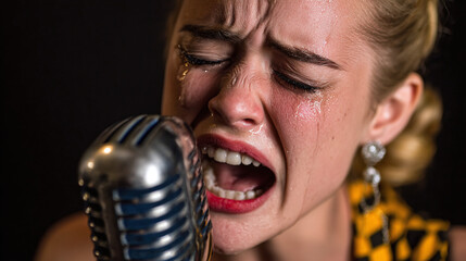 Emotional performer singing with tears flowing, channeling raw emotion into music, captivating her audience. Passion shining through voice.