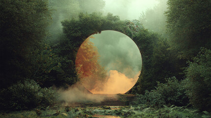 Circular portal nestled within a tranquil forest, beckoning viewers into a world beyond with an ethereal, dreamy atmosphere. Escape awaits.