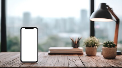 Phone Screen Sanitizer Ad on a Studio Desk With a Blurred City View in the Background During Daytime Hours Showcasing Modern Workspace Features