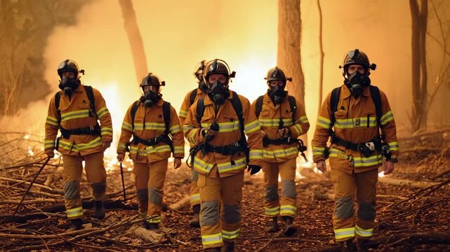 Team of six protective-suit responders moving through wildfire smoke, helmets catching flickering firelight, dynamic and heroic composition, emergency scenario.