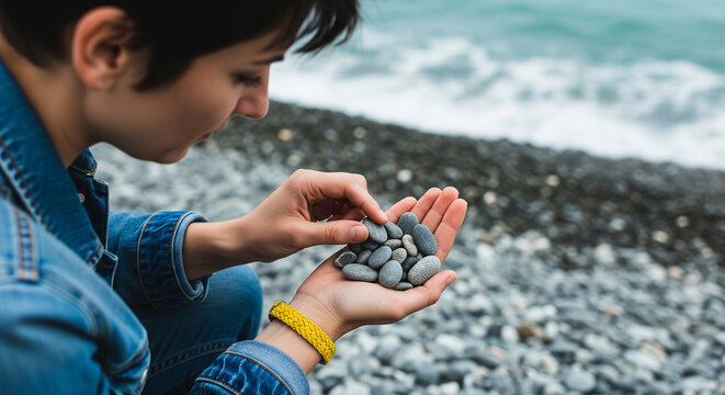 Young woman with short dark hair in denim jacket examining small smooth gray pebbles held in her cupped hand at a rocky seashore