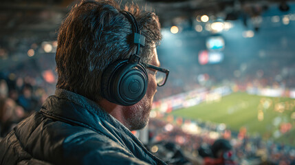 Man with headphones immersed in a stadium event, focus on tech and spectator experience, capturing a moment of personal enjoyment amidst crowds.