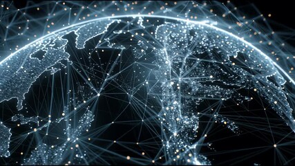 Digital World Connectivity: A dynamic visualization showcases a global network of interconnected digital threads overlaying a digital representation of the world. - Powered by Adobe