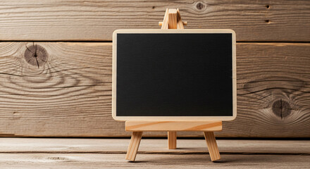 Small blank chalkboard on a wooden easel against a rustic wooden plank background, perfect for message display or copy space