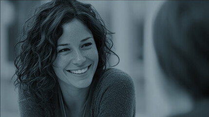 A woman with curly hair is smiling with joy as she looks towards another individual, her eyes filled with warmth and happiness during a conversation.