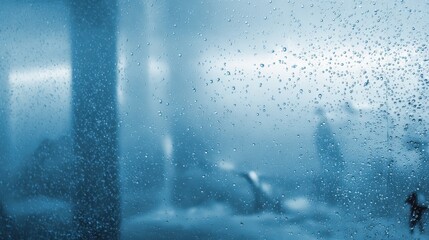 Blurred abstract scene behind rain-studded window glass