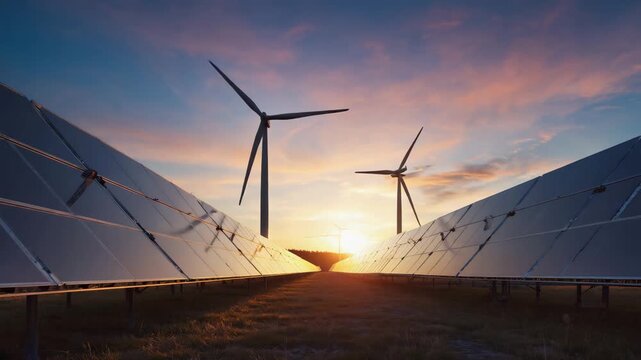 Sustainable technology background with wind turbines and solar panels under a luminous sky, modern eco-conscious aesthetic, symbolizing renewable energy.