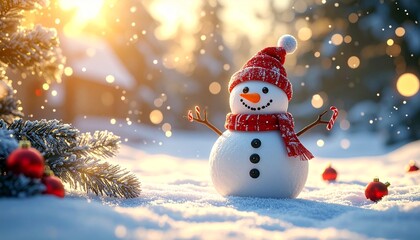 Festive Snowman in Red Accessories with Snowy Background and Sunlight in Winter Scene
