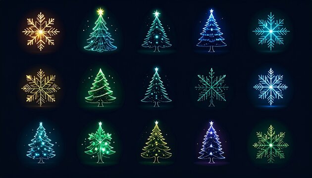 Glittering Christmas Trees and Snowflakes on a Dark Background Festive Holiday Design