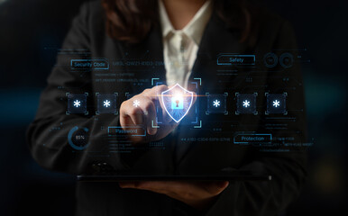 A concept of an advanced cybersecurity system. The futuristic interface shows a multi-factor...