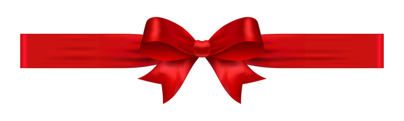 Red glossy bow with medium ribbon tails, decorative vector element for greeting cards, gift packaging, holidays, birthdays and celebration designs
