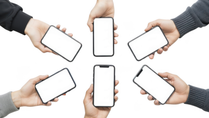 Smartphone hands holding blank white screens