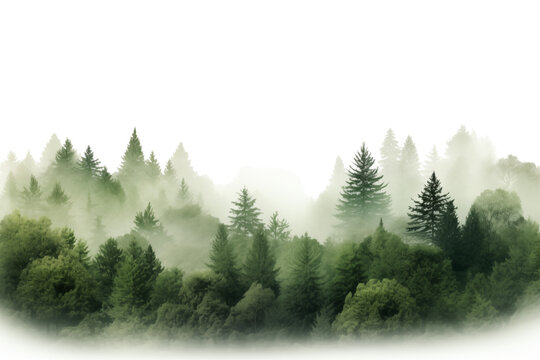 Misty forest panorama with dense forest trees rising in morning fog; forest horizon fades into soft white space, tranquil nature header, eco friendly concept, minimal design background theme