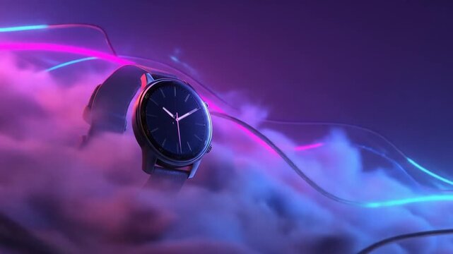Futuristic Smartwatch on Ethereal Clouds with Vibrant Neon Light Trails in a Digital Technology Concept