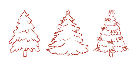 Set of hand drawn vector Christmas trees in whimsical style. Trendy lineart decoration