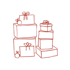 Hand drawn trendy vector composition of gift boxes and christmas decorations in whimsical style on white background