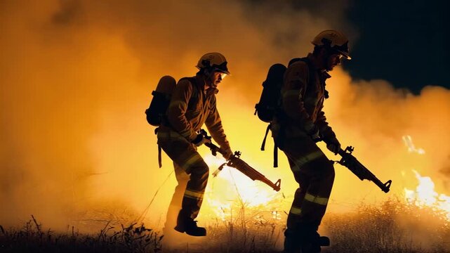 Cinematic wildfire scene with firefighters progressing through smoky terrain, flames glowing behind them, natural forward motion of full firefighting gear.