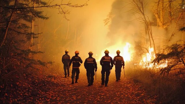 Firefighters moving forward through heavy smoke and fire, silhouetted dramatically, backpacks and hoses shifting naturally, intense heroic action.