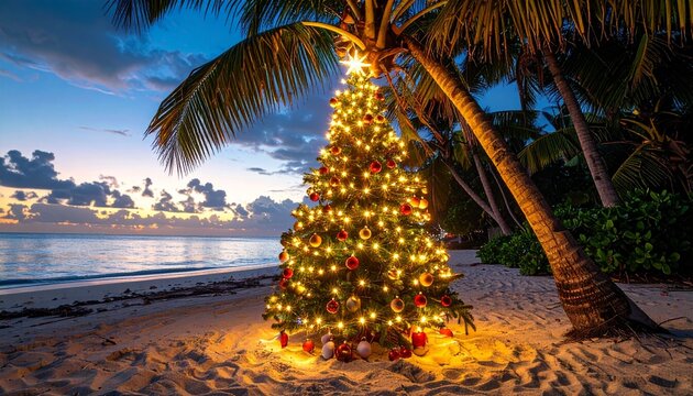 Lit Christmas Tree on Sandy Beach at Sunset with Palm Trees and Golden Lights